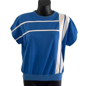 BLUE AND WHITE CAP SLEEVE SWEAT TOP